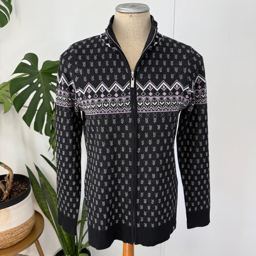 Neve Full Zip Cardigan Womens Medium Black Merino Wool Nordic Fair Isle Sweater